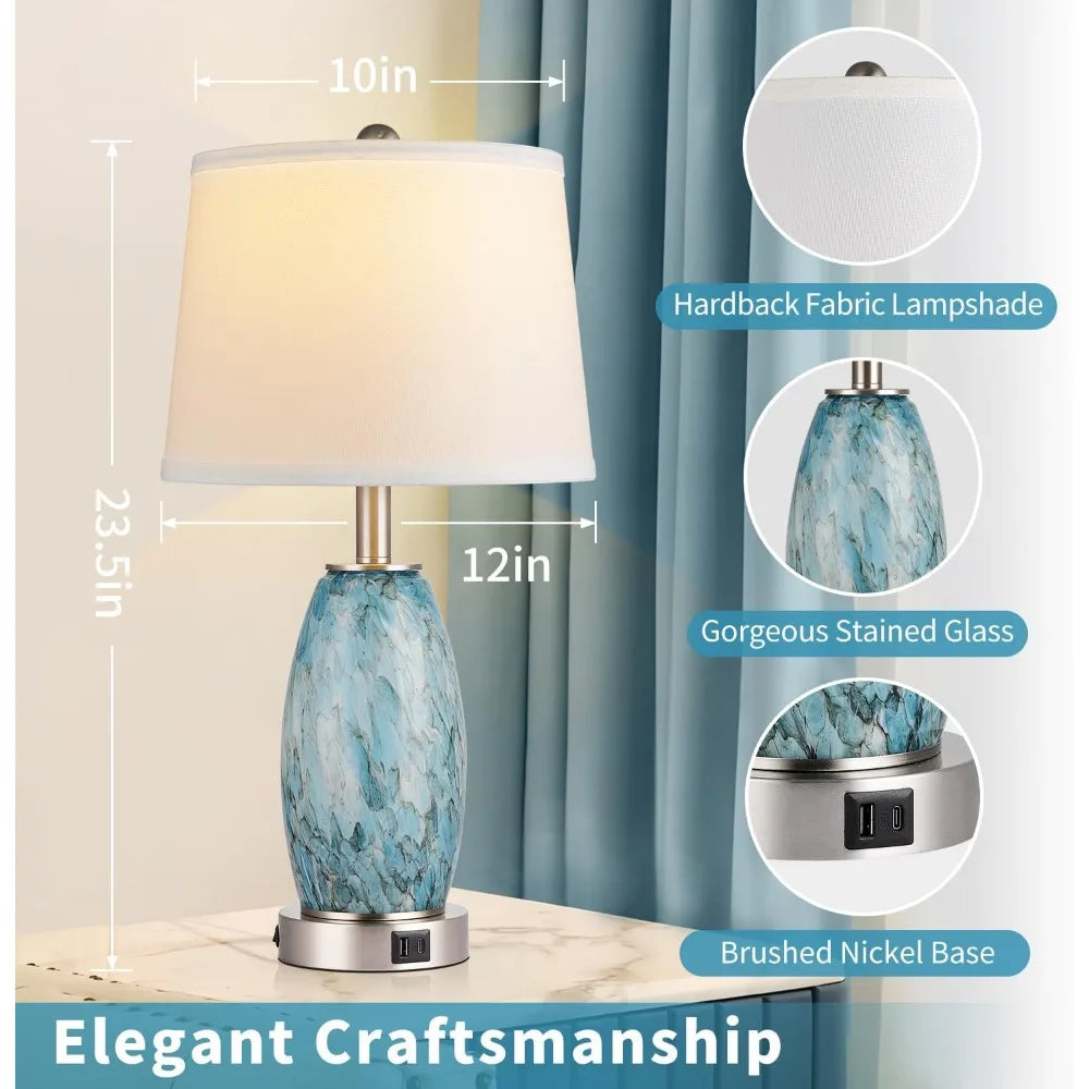 Table Lamps Set of 2 with 3-Way Lighting Modes, USB & Type C Ports - Coastal Modern Style Glass Nightstand Lamps for Living Room