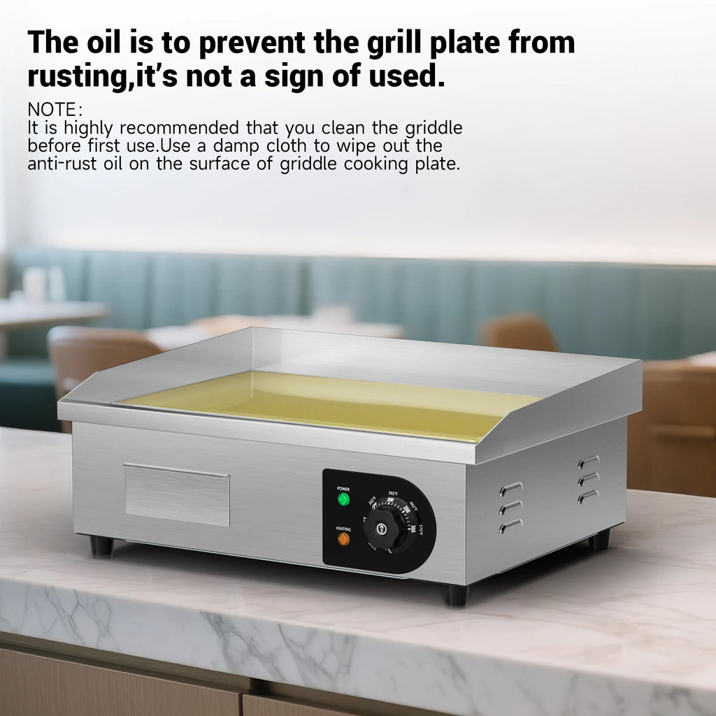 22" Electric Countertop Flat Top Griddle 1600W 110V Non-Stick Commercial Restaurant Teppanyaki Grill Stainless Steel Temp Contro