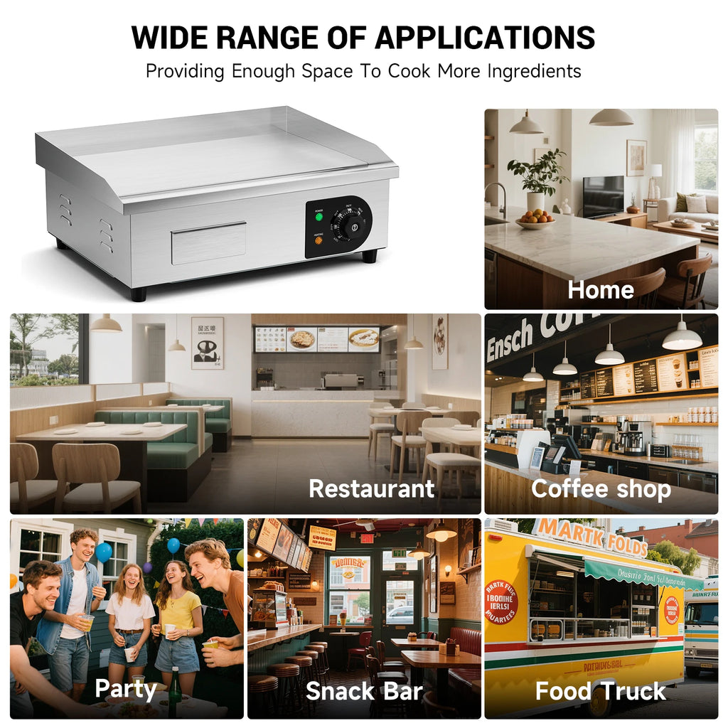 22" Electric Countertop Flat Top Griddle 1600W 110V Non-Stick Commercial Restaurant Teppanyaki Grill Stainless Steel Temp Contro