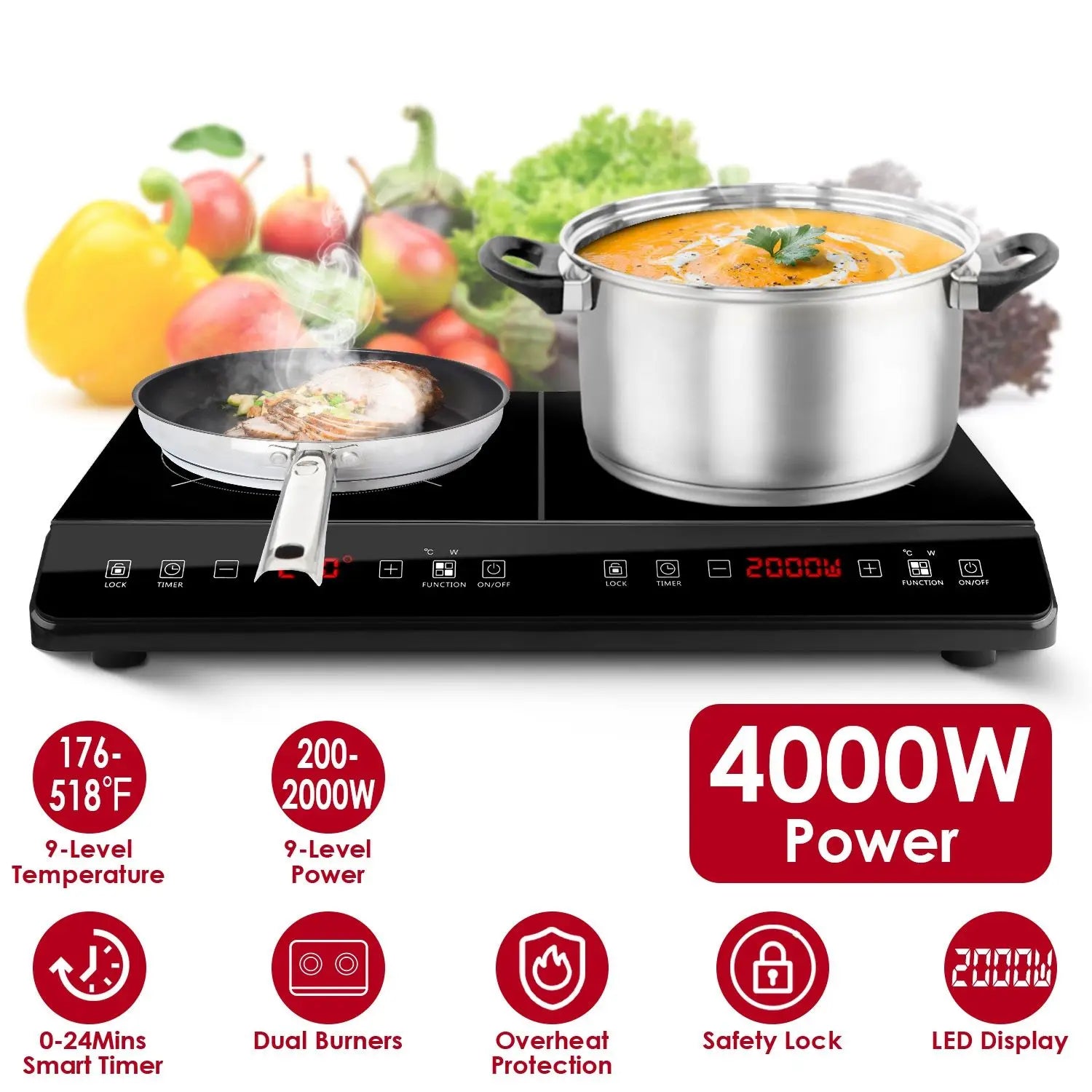 Powerful 4000W Dual Pot Induction Cooktop 110V Fast Heating