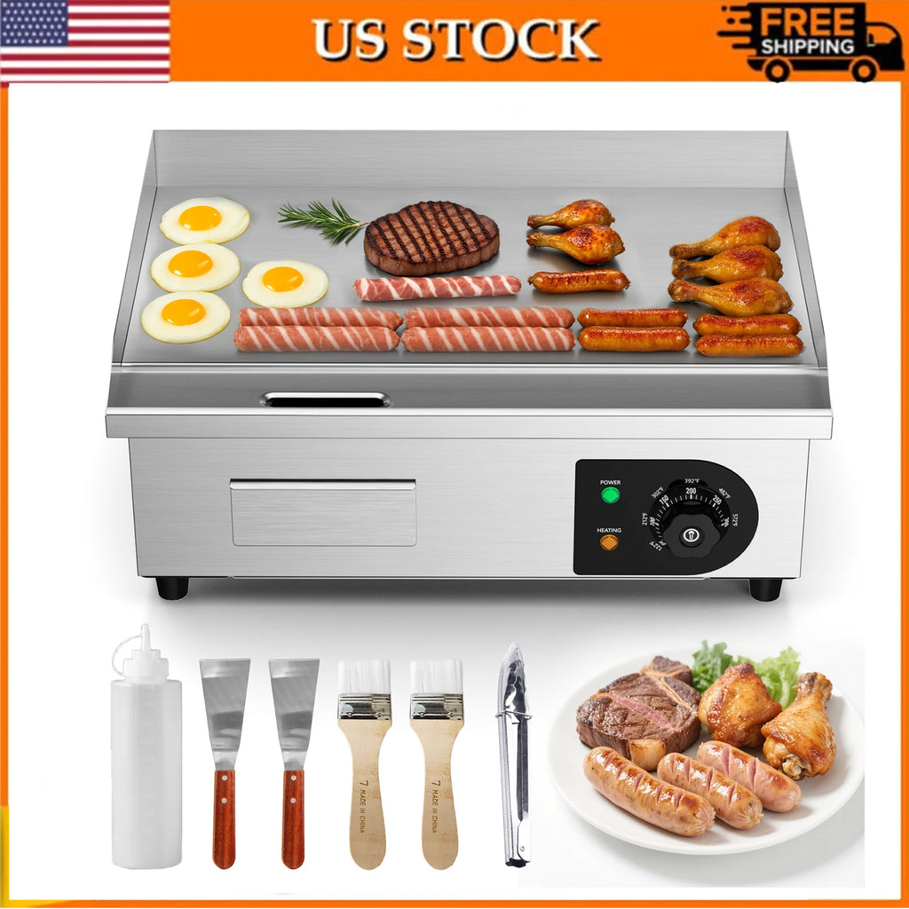 22" Electric Countertop Flat Top Griddle 1600W 110V Non-Stick Commercial Restaurant Teppanyaki Grill Stainless Steel Temp Contro
