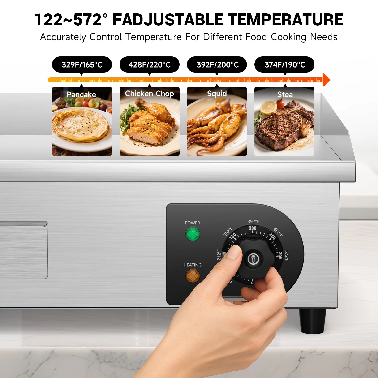 22" Electric Countertop Flat Top Griddle 1600W 110V Non-Stick Commercial Restaurant Teppanyaki Grill Stainless Steel Temp Contro