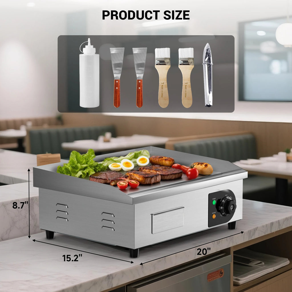 22" Electric Countertop Flat Top Griddle 1600W 110V Non-Stick Commercial Restaurant Teppanyaki Grill Stainless Steel Temp Contro