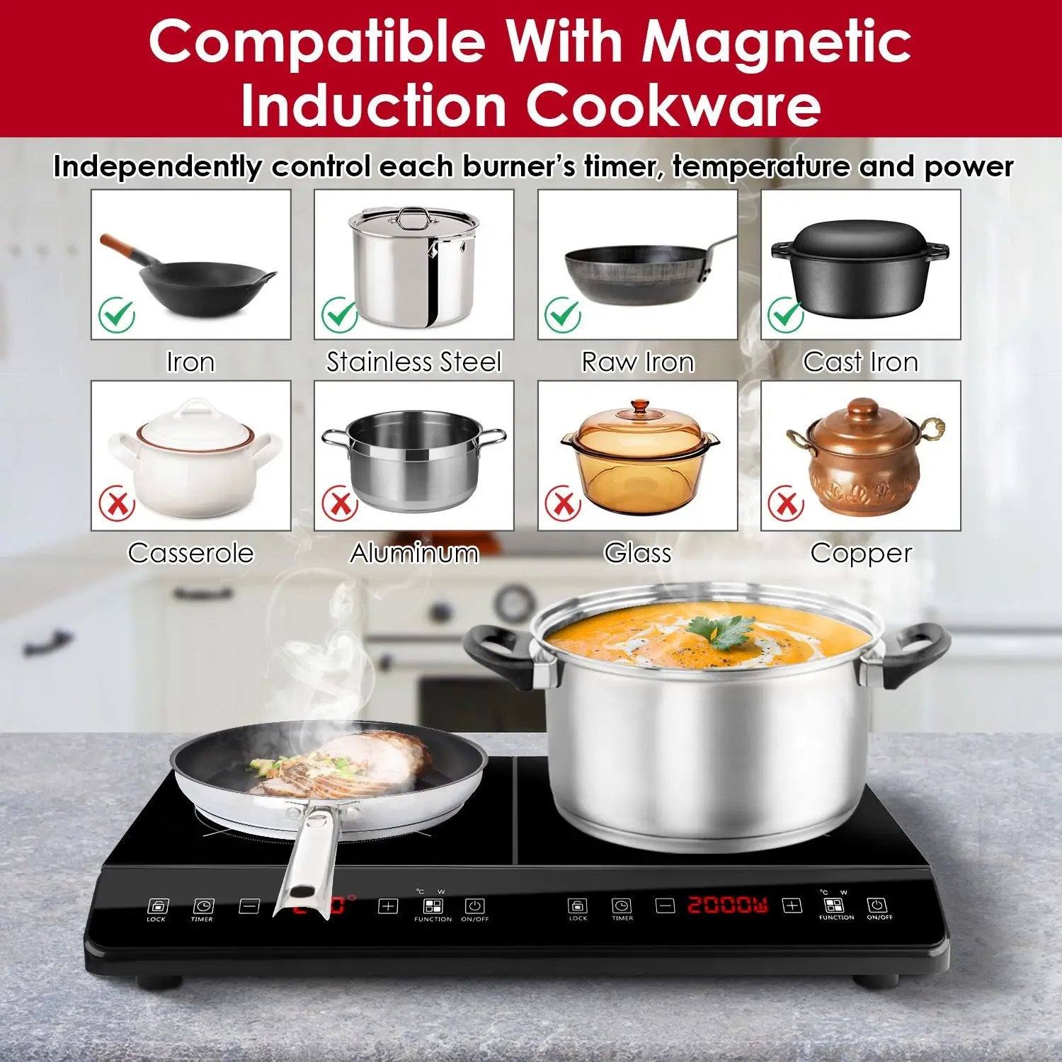 Powerful 4000W Dual Pot Induction Cooktop 110V Fast Heating