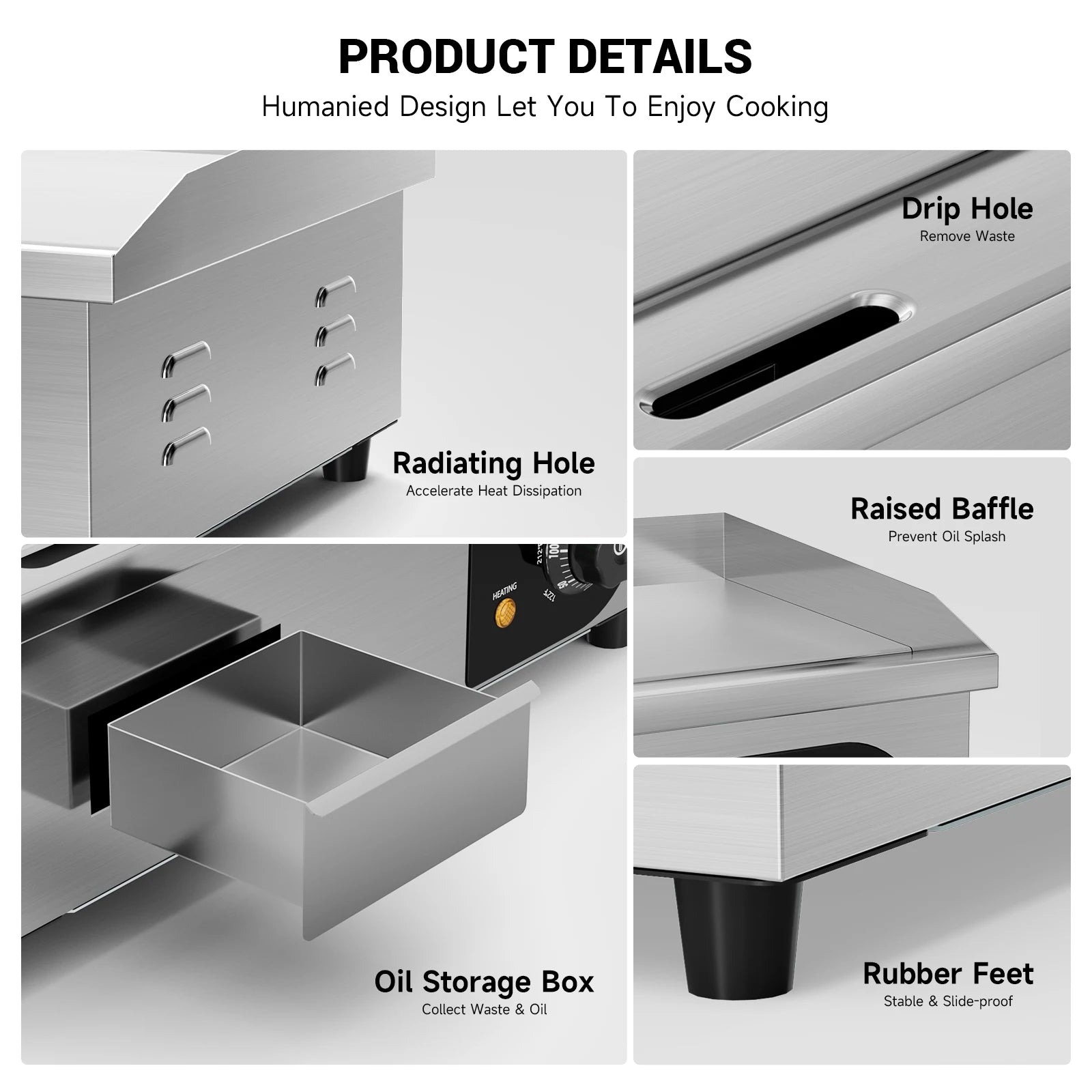 22" Electric Countertop Flat Top Griddle 1600W 110V Non-Stick Commercial Restaurant Teppanyaki Grill Stainless Steel Temp Contro