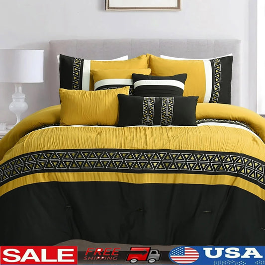 Yellow Embroidered 7 Piece Queen Bedding Set Microfiber