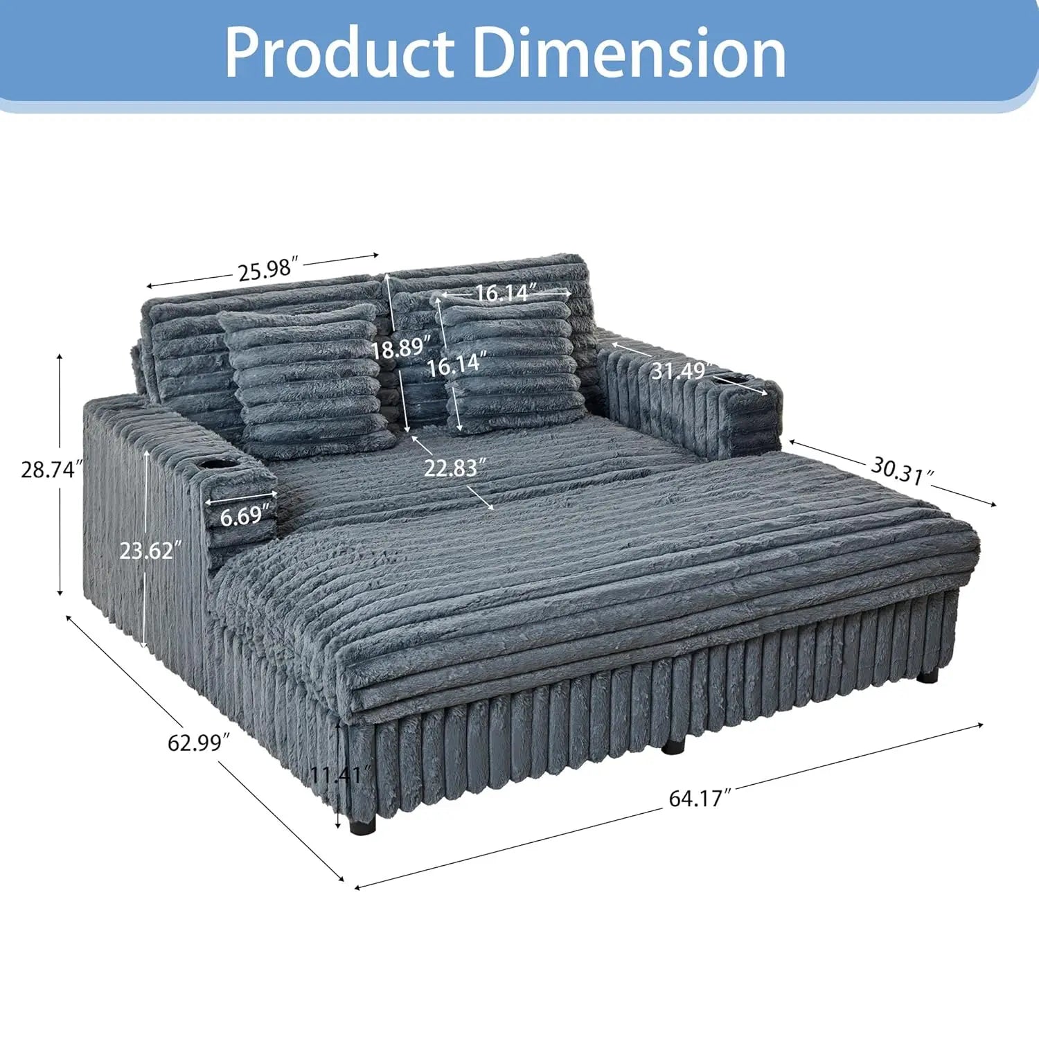 63Inch Plush Faux Rabbit Fur Chaise Loveseat With Charging Station