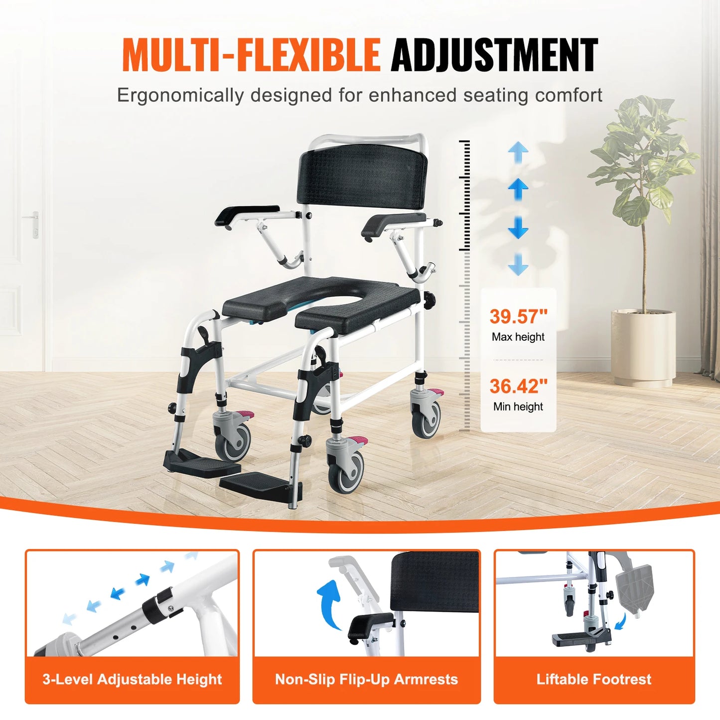 SucceBuy Shower Commode Wheelchair with 4 Lockable Wheels Footrests Flip-up Arms 3-Level Adjustable Height 5L Removable Bucket