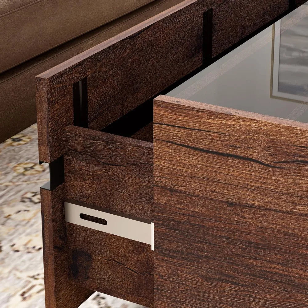 Modern Coffee Table, Square Living Room Coffee Table with Tempered Glass Top and Two Large Storage Drawers, 31.5"x 31.5", Brown