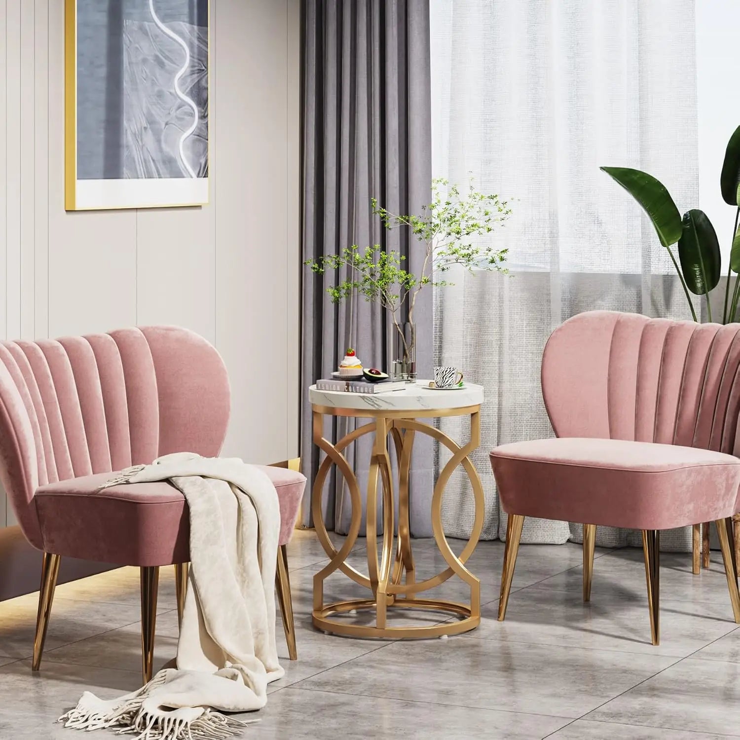 Round End Table With Faux Marble Top White Gold Nightstand