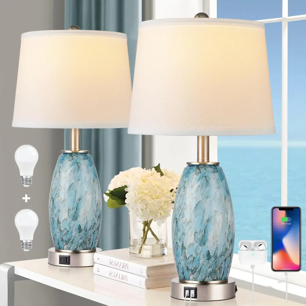 Table Lamps Set of 2 with 3-Way Lighting Modes, USB & Type C Ports - Coastal Modern Style Glass Nightstand Lamps for Living Room