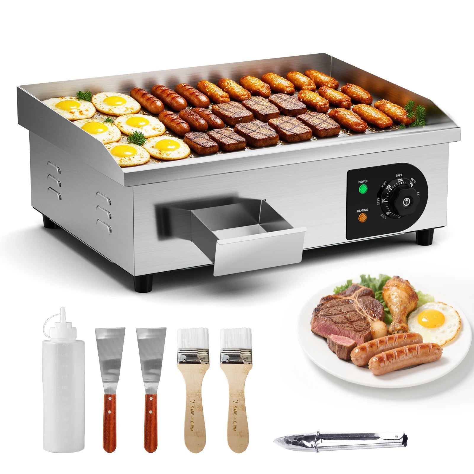 22" Electric Countertop Flat Top Griddle 1600W 110V Non-Stick Commercial Restaurant Teppanyaki Grill Stainless Steel Temp Contro