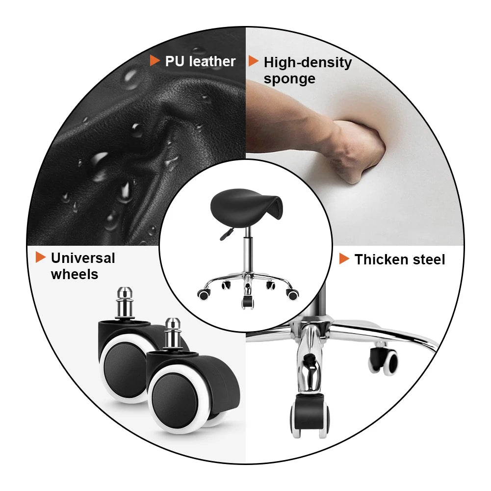 KKTONER PU Leather Adjustable Rolling Saddle Stool Swivel Chair Black