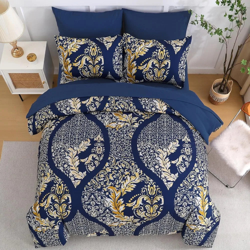California King Comforter Set 7 Pieces Navy Blue Gold Damask