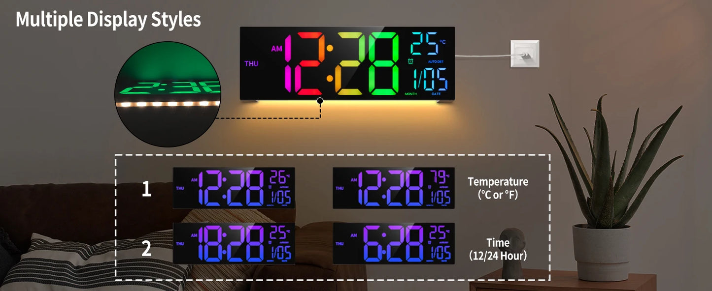 16 Inch Large Digital Wall Clock With Remote RGB LED Display Alarm Temperature For Living Room And Kitchen