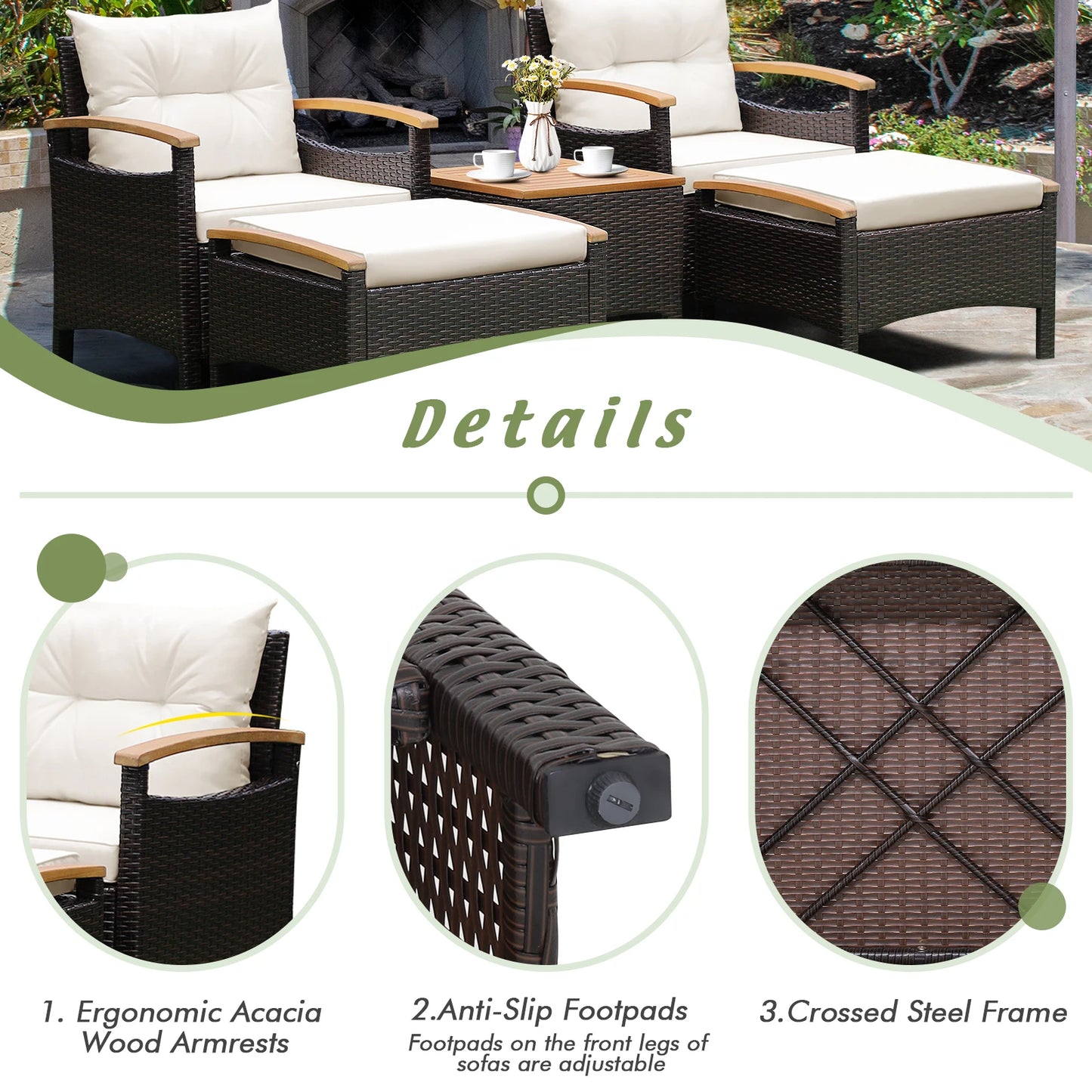5PCS Patio Rattan Furniture Set Sofa Ottoman Cushioned Table W/Wood Top