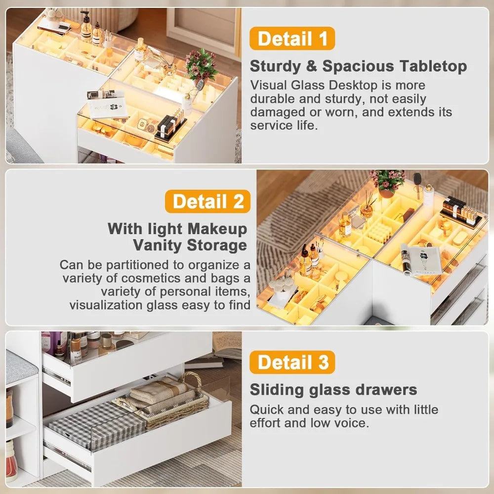 Armoire Wardrobe Closet Island with 9 Drawers, Led Lights, Glass Tabletop, Bedroom Island with Jewelry Organizer, Storage B