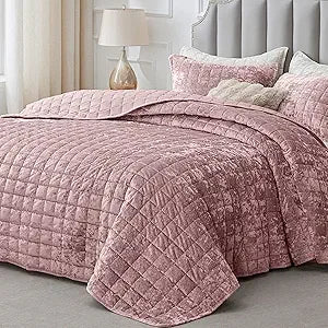 Velvet Quilt Set King Size - Luxury Velvet Comforter Bedding Set 3 Pieces, Soft Cozy Dusty Pink Oversized Bedspread Cov