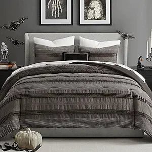 Dark Grey King Comforter Set With Striped Cotton Boho Shams