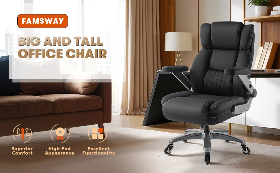 600LBS Big Tall Fabric Executive Office Chair 5D Flip Arms