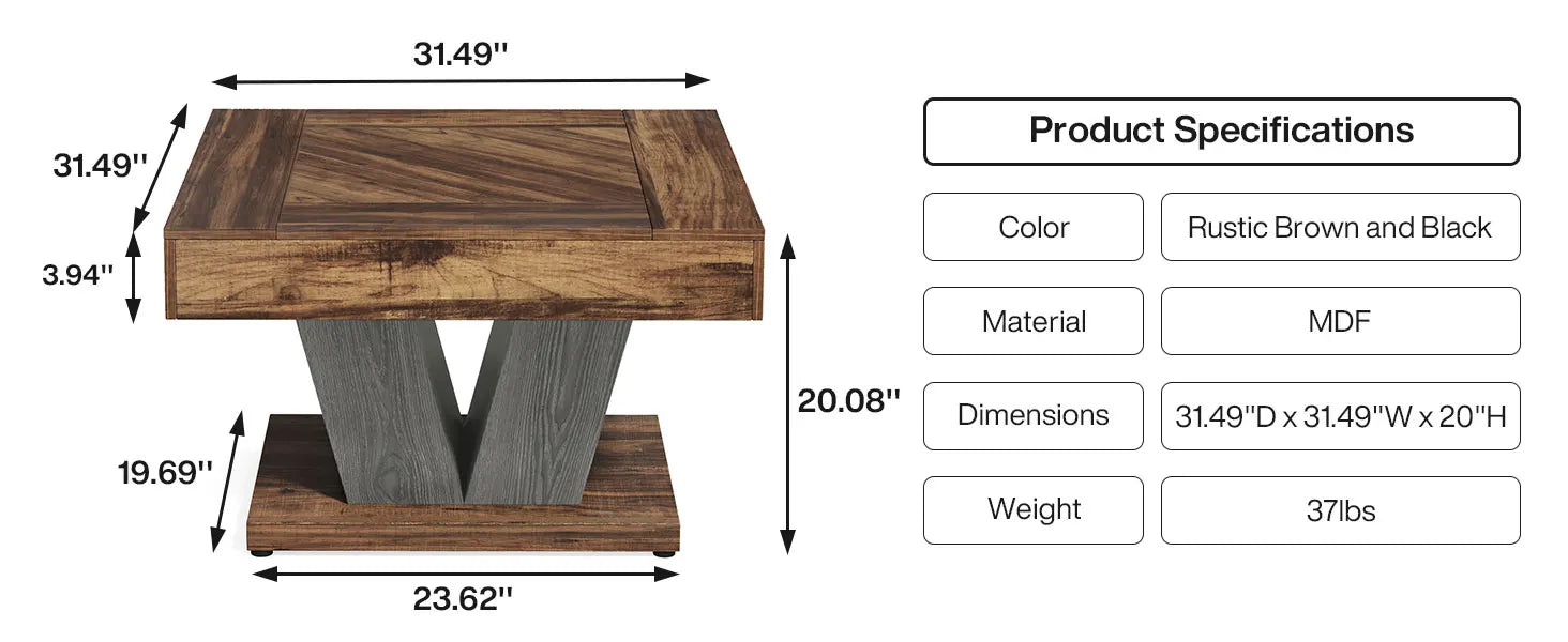 Little Tree Rustic Brown Square Coffee Table For Living Room