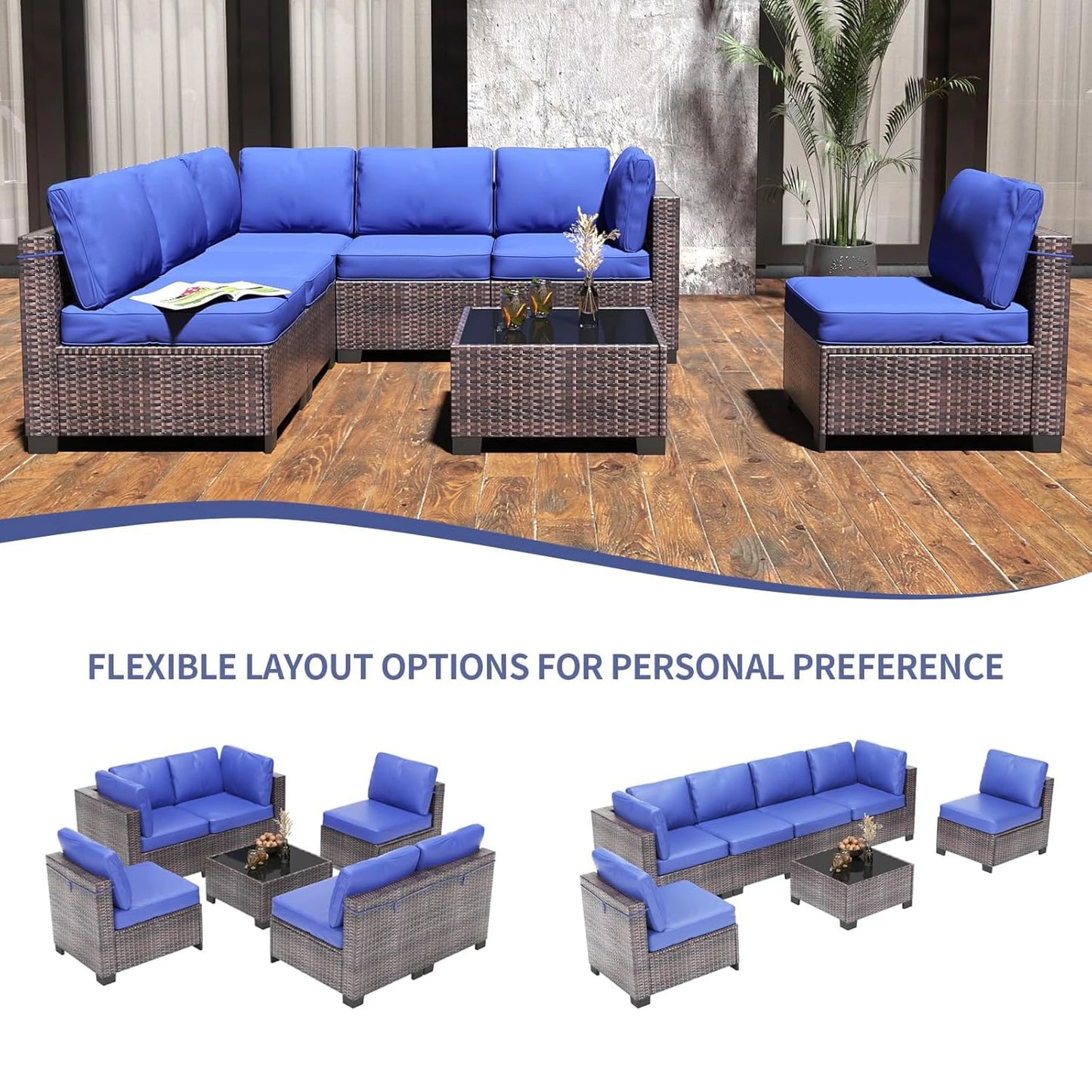 Seven Piece Modular Outdoor Furniture Set With PE Rattan Wicker
