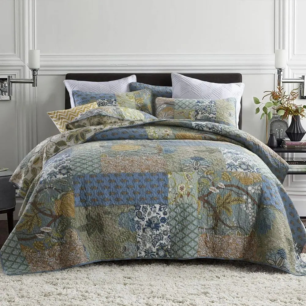 Oversized 100 Cotton California King Quilt Set Green Patchwork