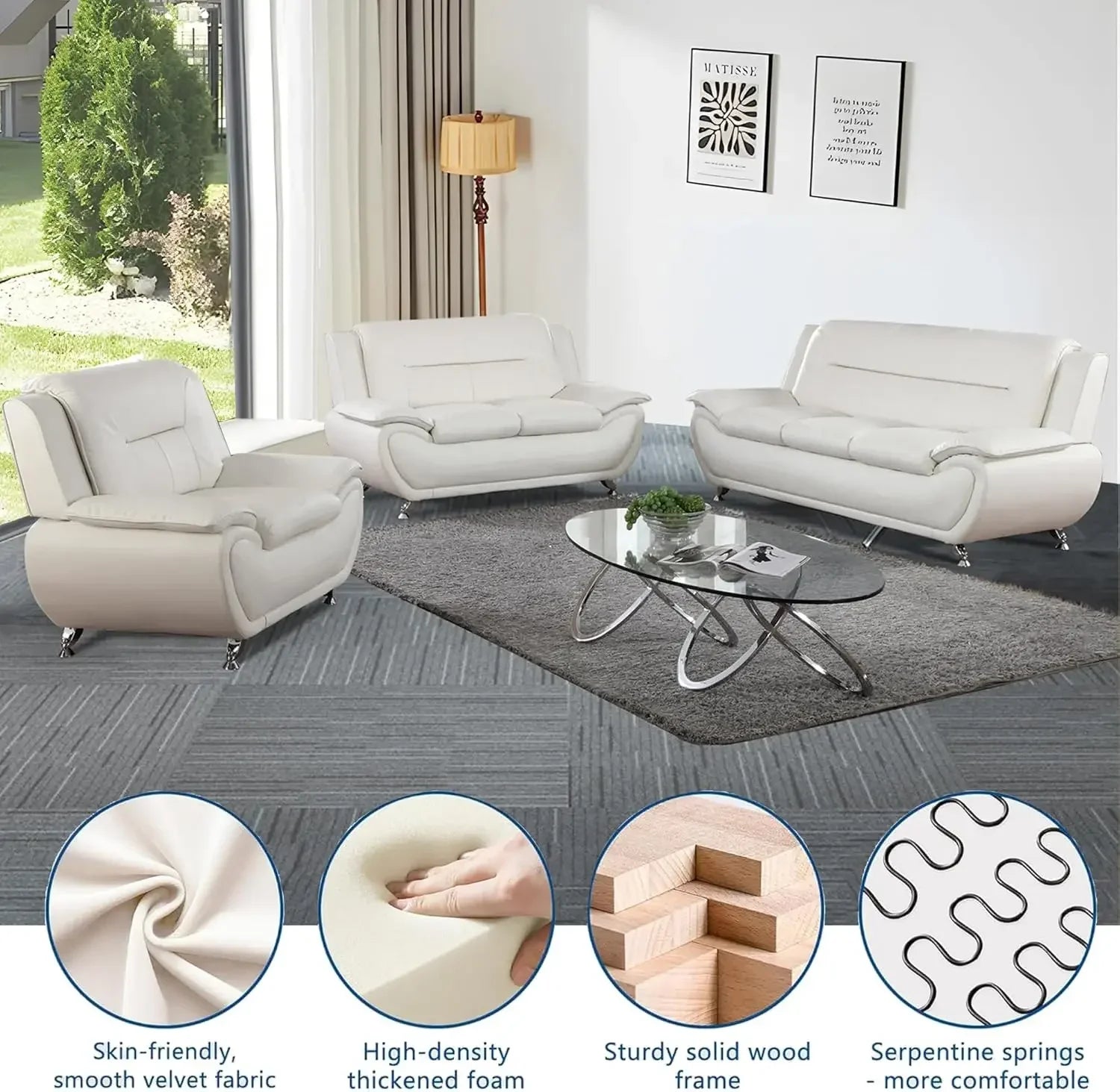 3 Piece Living Room Couch Set, Faux Leather Sofa Set, Modern Sofa Couch Set Living Room Furniture (Sofa+Loveseat+Chair)