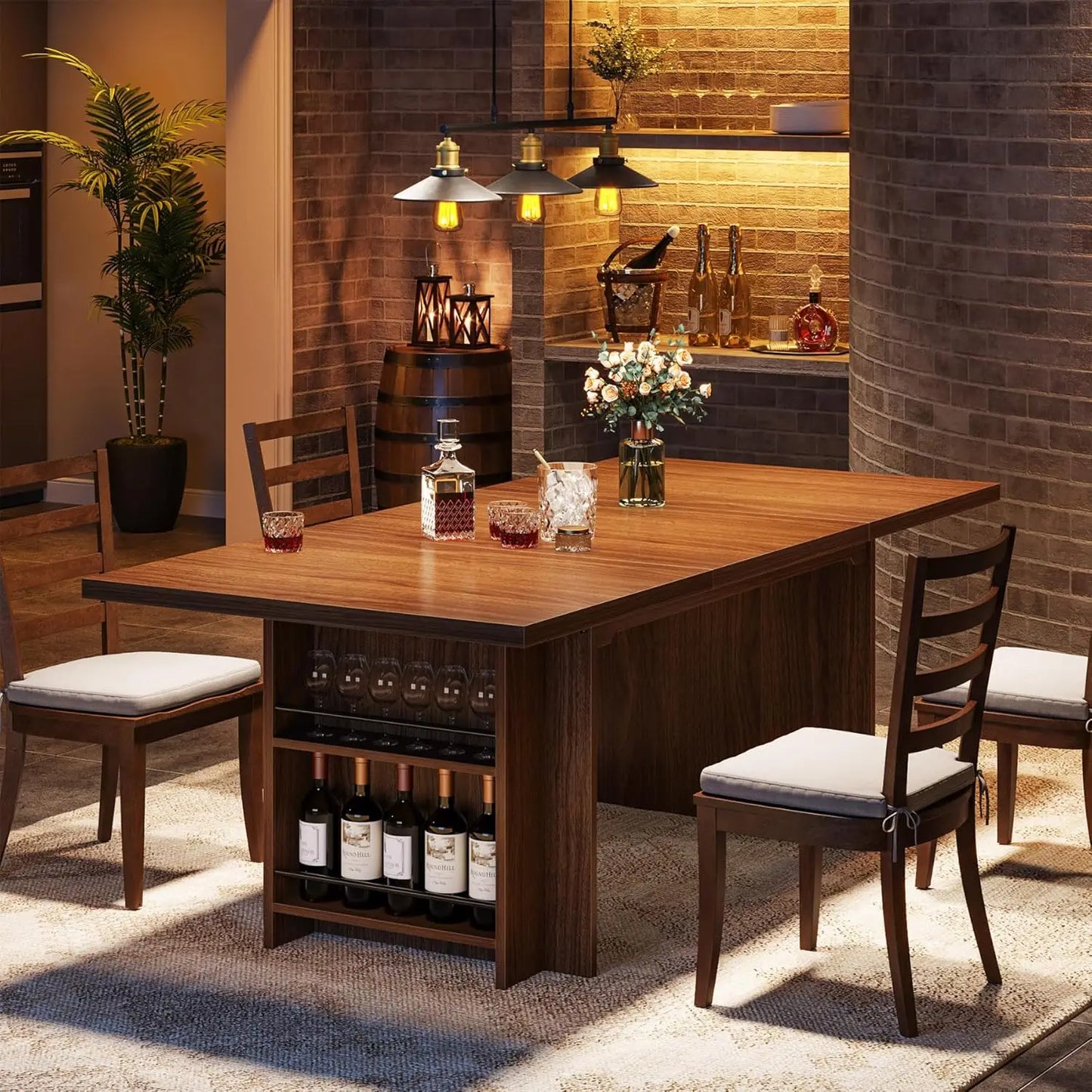 Farmhouse Dining Table 63-Inch For 6 To 8 With Storage