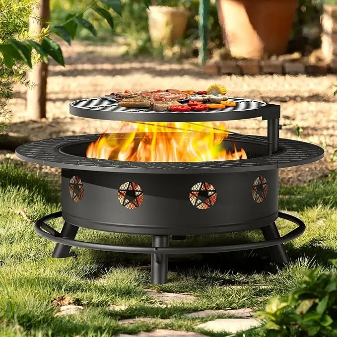 43 Inch Fire Pit With BBQ Grill Outdoor Wood Burning