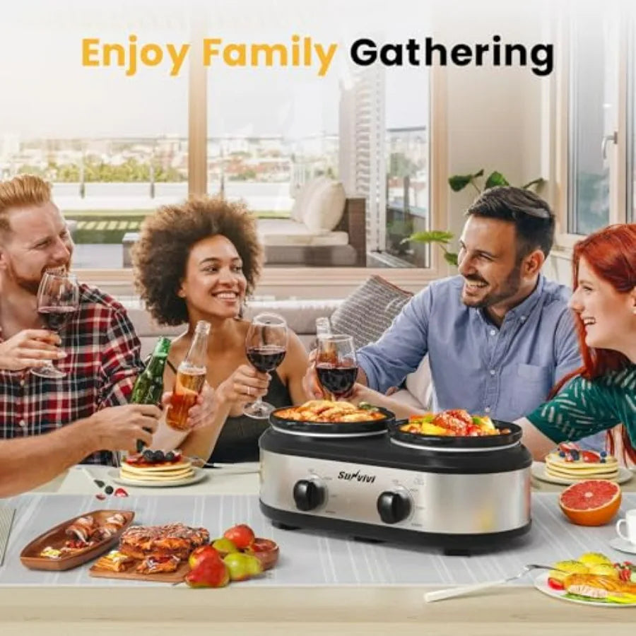 Compact Dual Slow Cooker Buffet Server And Food Warmer Lids