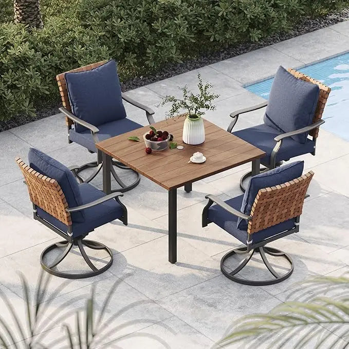 5 Piece Outdoor Dining Set Leather Look Wicker Chairs Table