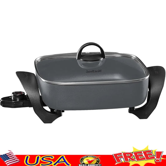 Electric Skillet Family Size Deep Nonstick Griddle Diamond Coating Scratch Resistant Tempered Glass Lid Dishwasher Safe Cooking