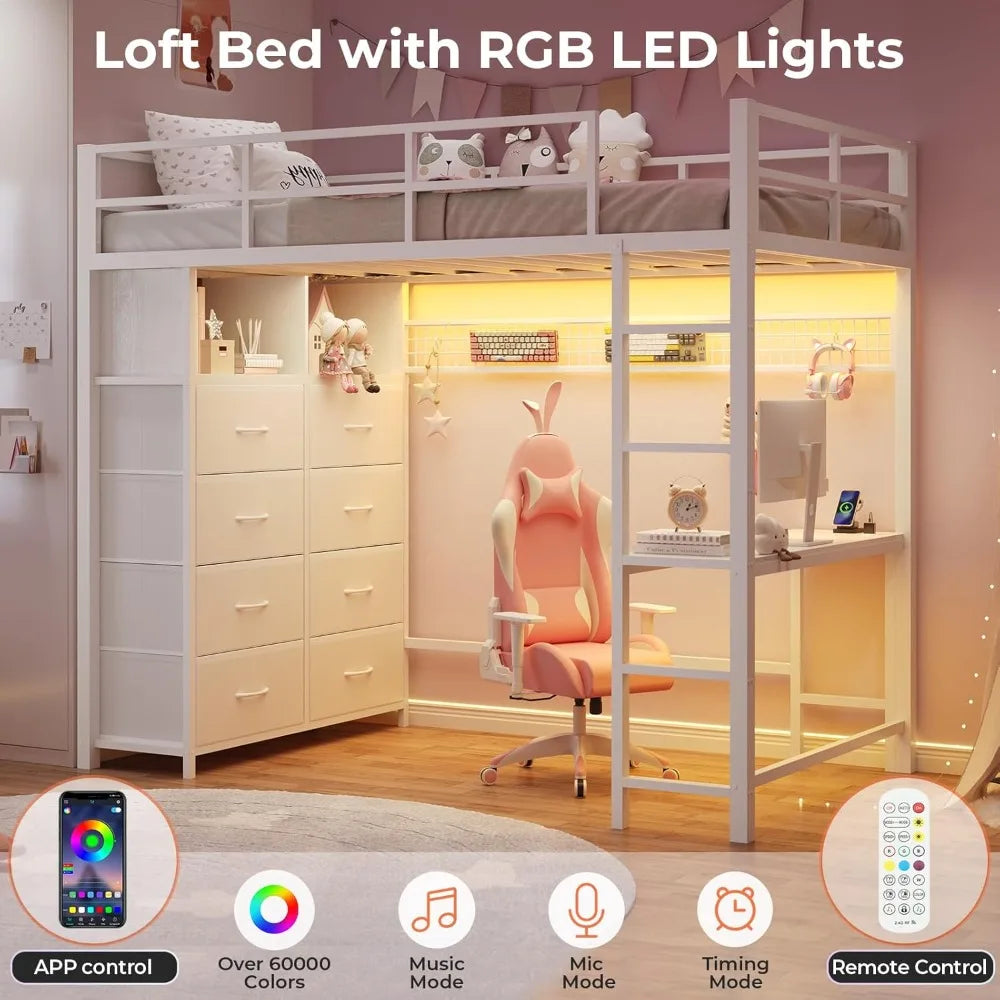 White Metal Twin Loft Bed With Desk And Storage Drawers