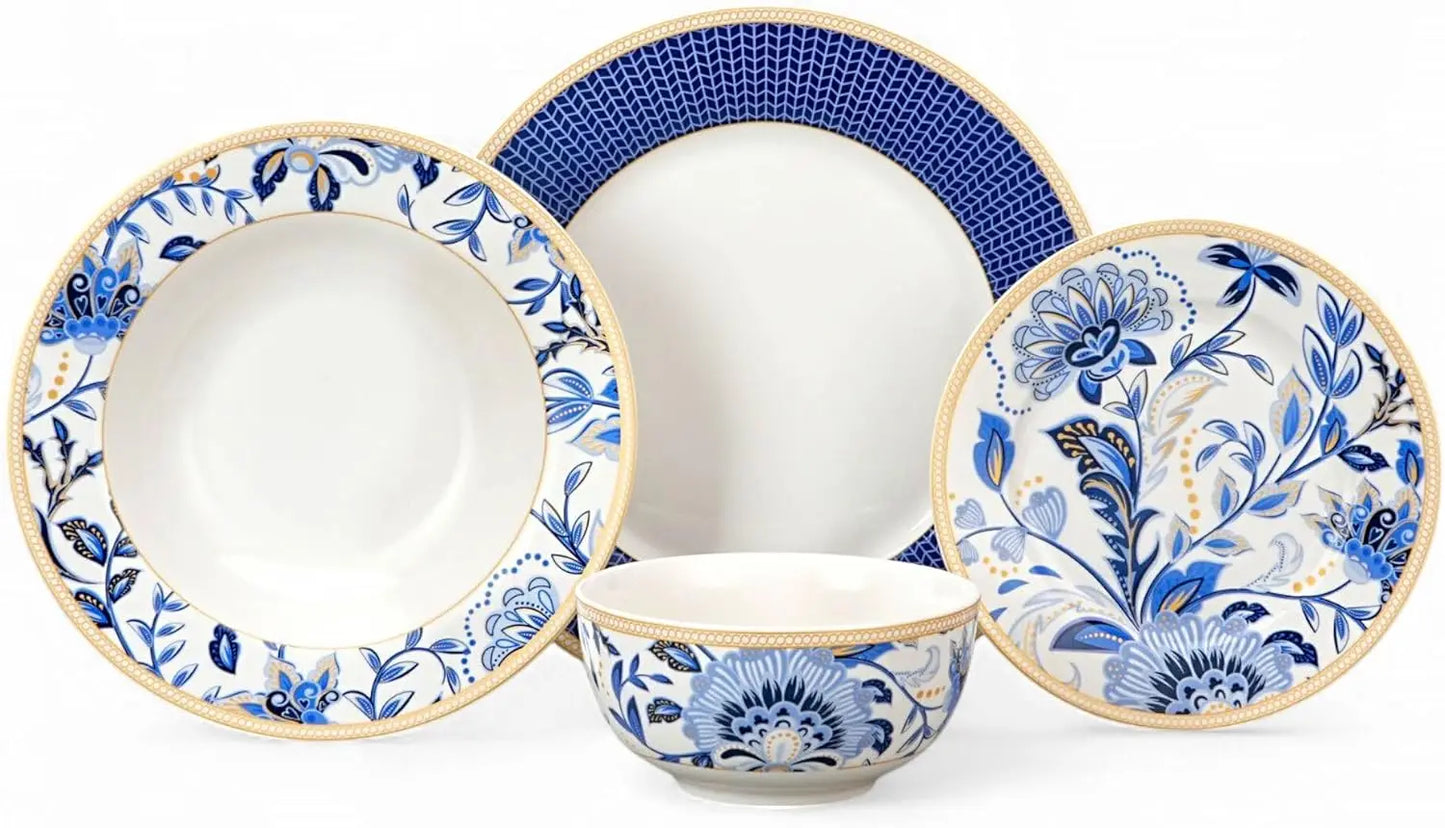 Bone China Dinnerware Set of 24 for 6 pers. Dessert Plate Dinner Plate Soup Plate with Serving Bowls (Melodie de Fleurs)