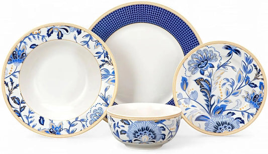 Bone China Dinnerware Set of 24 for 6 pers. Dessert Plate Dinner Plate Soup Plate with Serving Bowls (Melodie de Fleurs)