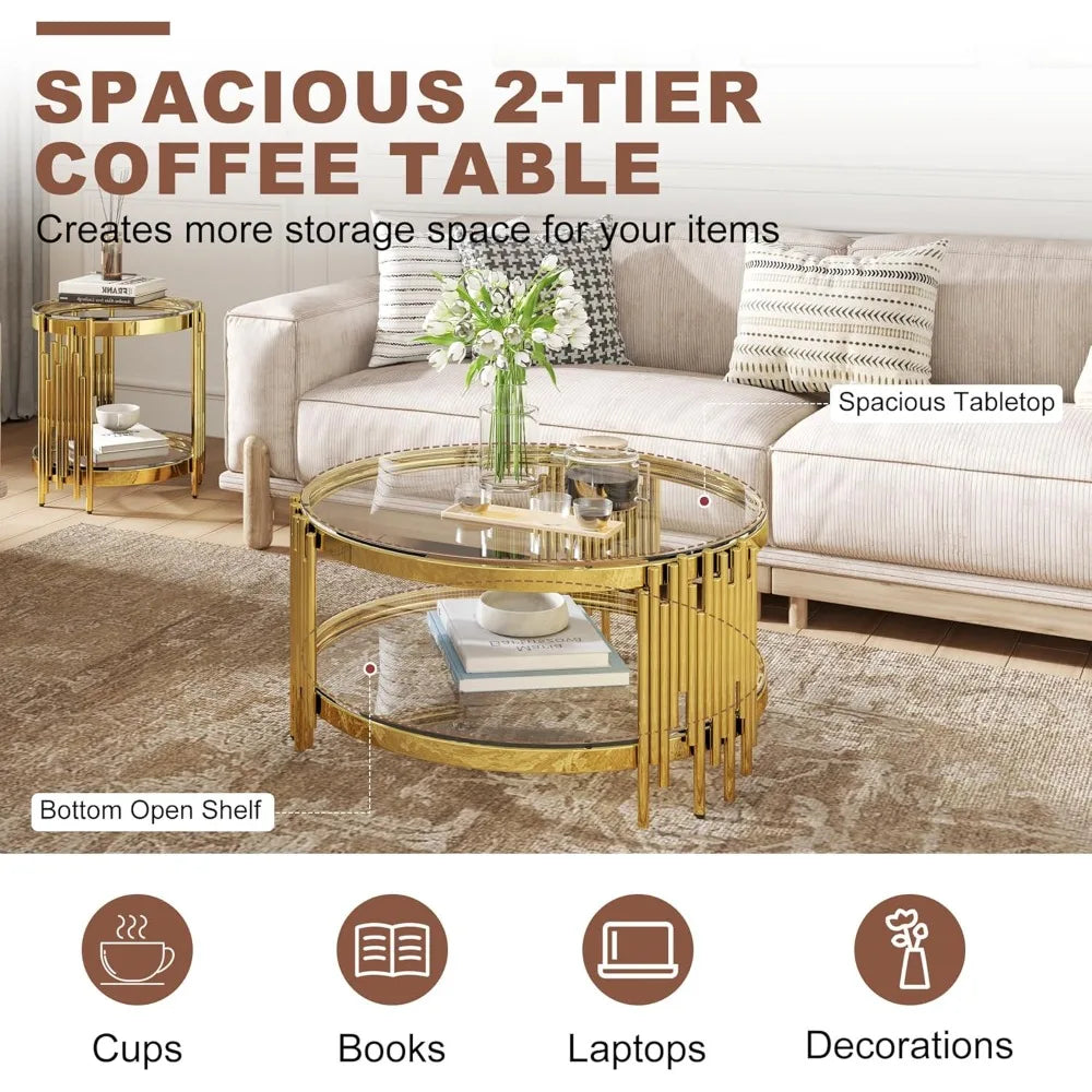 3 Piece Glass Coffee Table Set With Round Stainless Steel