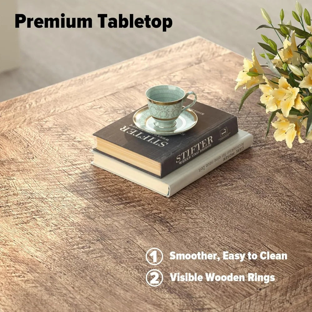 Rustic Dark Oak Coffee Table with X-Frame Pedestal for Living Room and Home Office