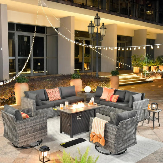 11 Piece Outdoor Patio Set With Fire Pit Table And Wicker