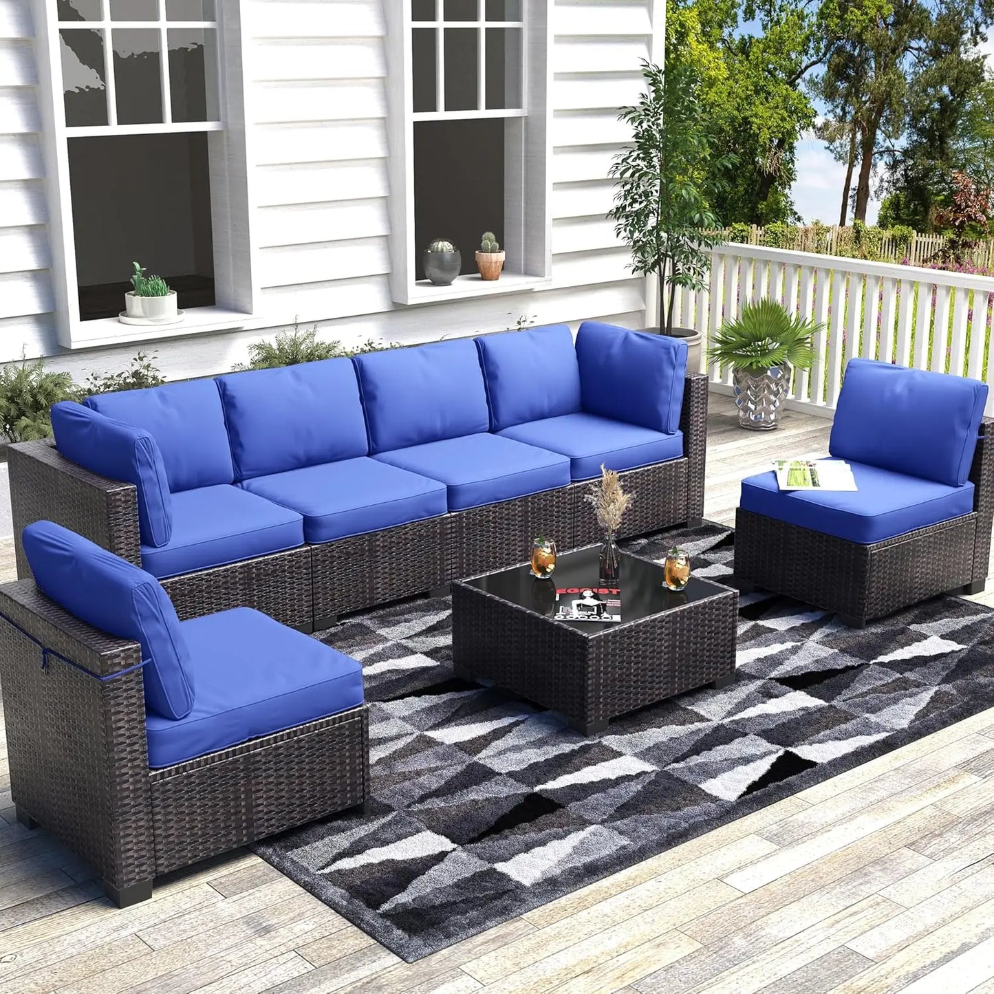Seven Piece Modular Outdoor Furniture Set With PE Rattan Wicker