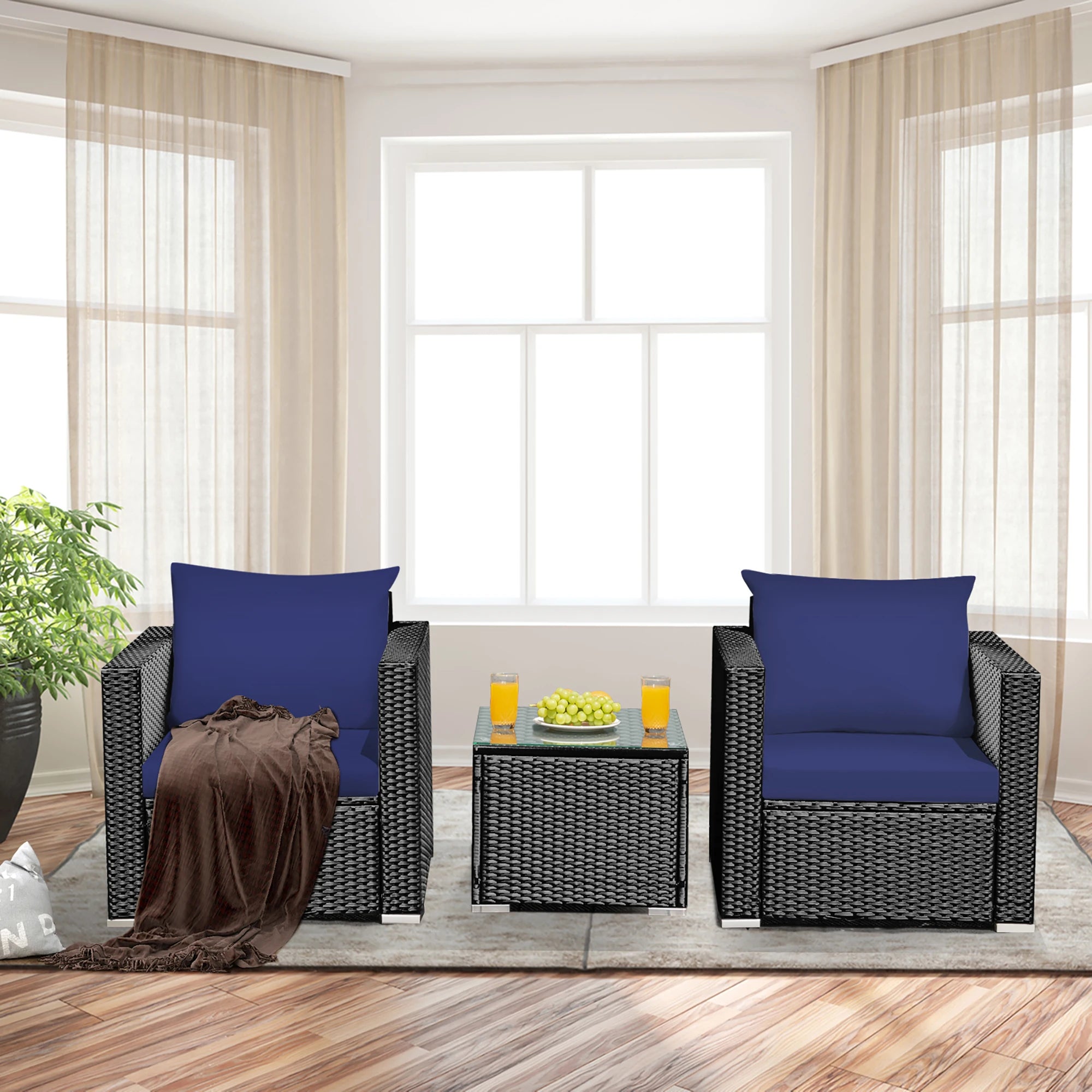 3PCS Patio Rattan Wicker Furniture Set Sofa Table W/Cushion Yard Navy