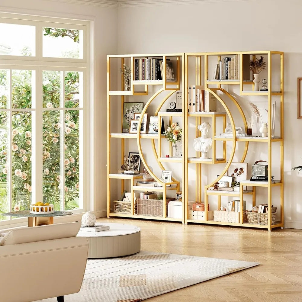 White And Gold Two Piece Bookshelf Set With Metal Frame