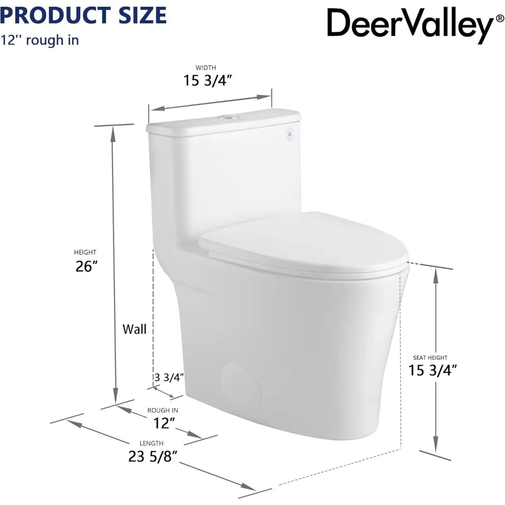 DeerValley Compact One Piece Toilet Elongated, Modern Toilet with Soft Close Seat Ceramic Glossy for Small Bathroom Space
