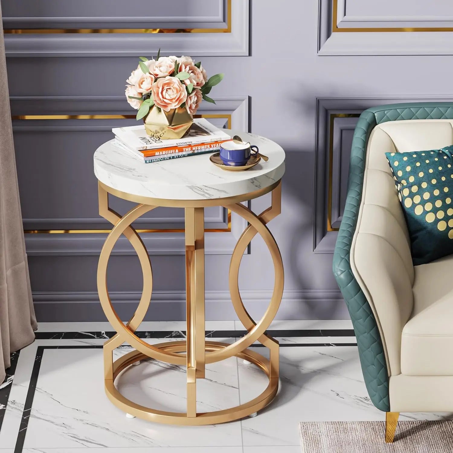 Round End Table With Faux Marble Top White Gold Nightstand