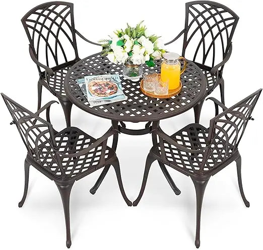 5 Piece Outdoor Patio Dining Set, All-Weather Round Cast Aluminum Dining Table with 1.97" Umbrella Hole and Outdoor Patio Dinin