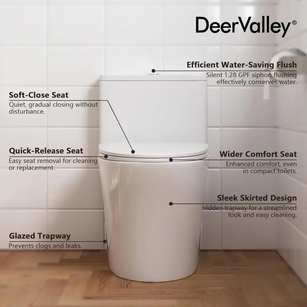 DeerValley Compact One Piece Toilet Elongated, Modern Toilet with Soft Close Seat Ceramic Glossy for Small Bathroom Space