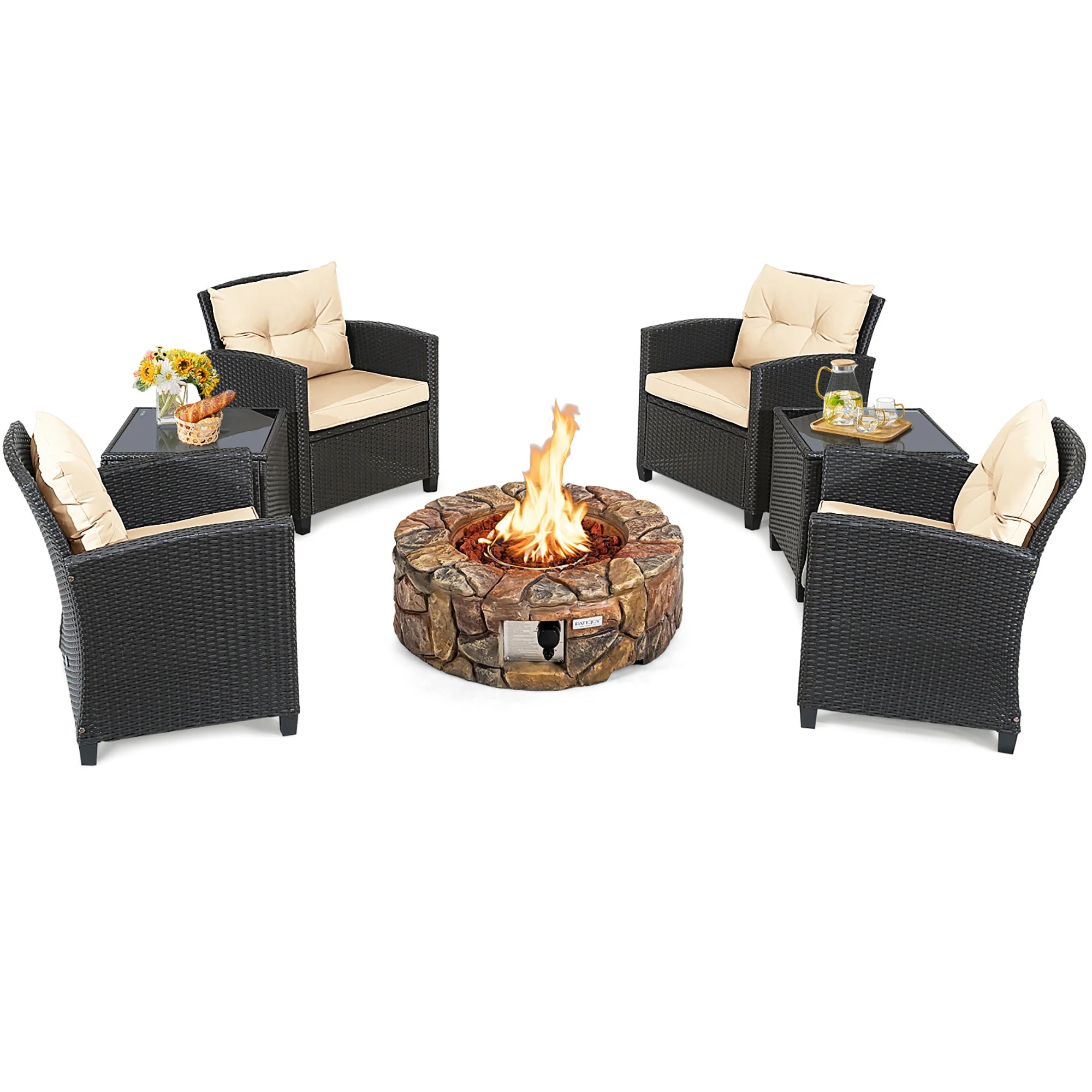 7-Piece Patio Rattan Set With Gas Fire Pit Table Cushions