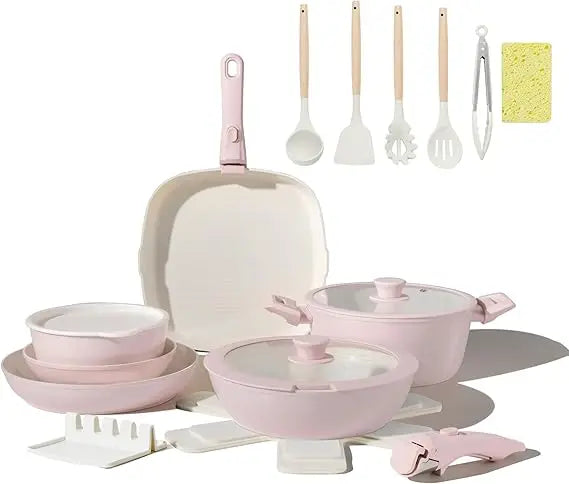23Pcs Pink Ceramic Pots And Pans Set Nonstick Removable Handle