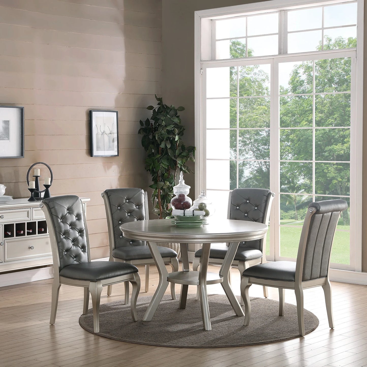 Silver Round Dining Set With Tufted Chairs And Shelf