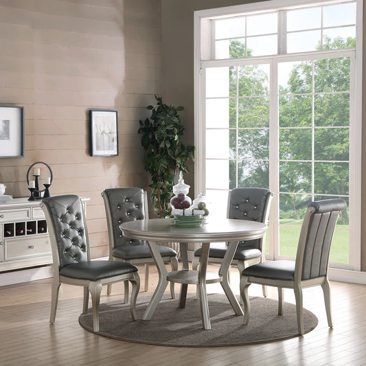 Silver Round Dining Set With Tufted Chairs And Shelf